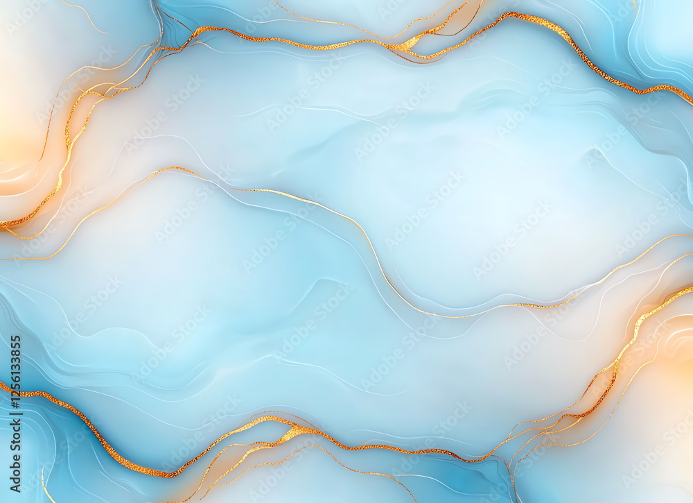 Poster luxurious abstract background featuring soft blue and orange waves with golden accents, creating ele