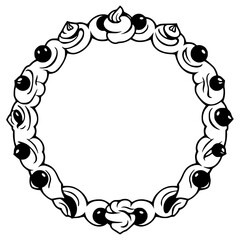 Whimsical Frame Composition: A circular, black-and-white abstract illustration featuring cream swirls and dark spherical fruits surrounding a blank central space.