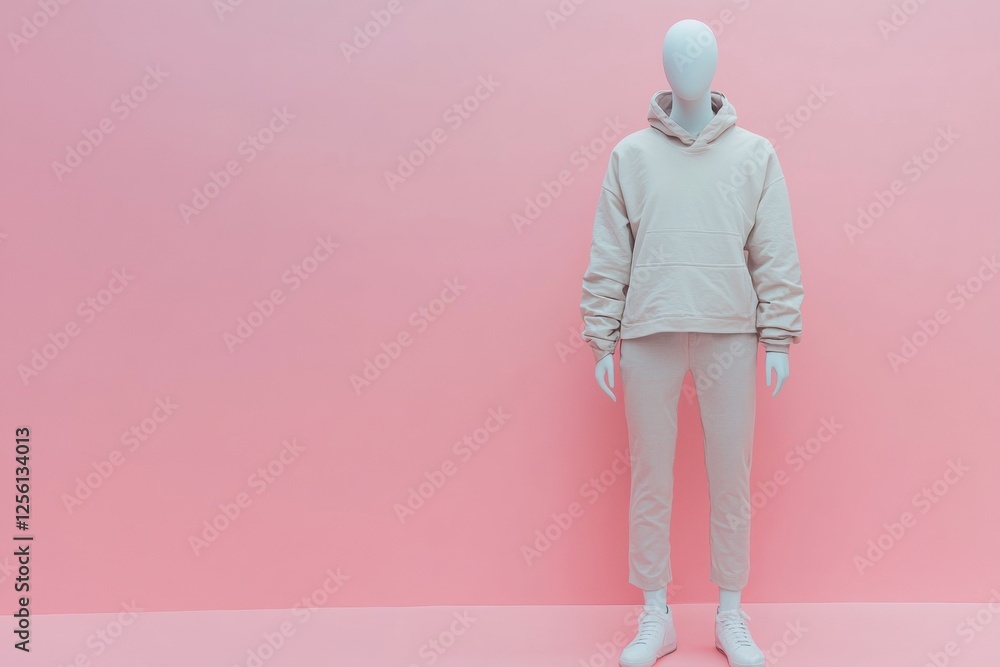 Poster stylish mannequin showcases modern outfit in a clean, pastel backdrop with ample space for text. gen