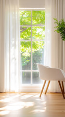 Bright minimalist interior design featuring sunlit window and modern chair