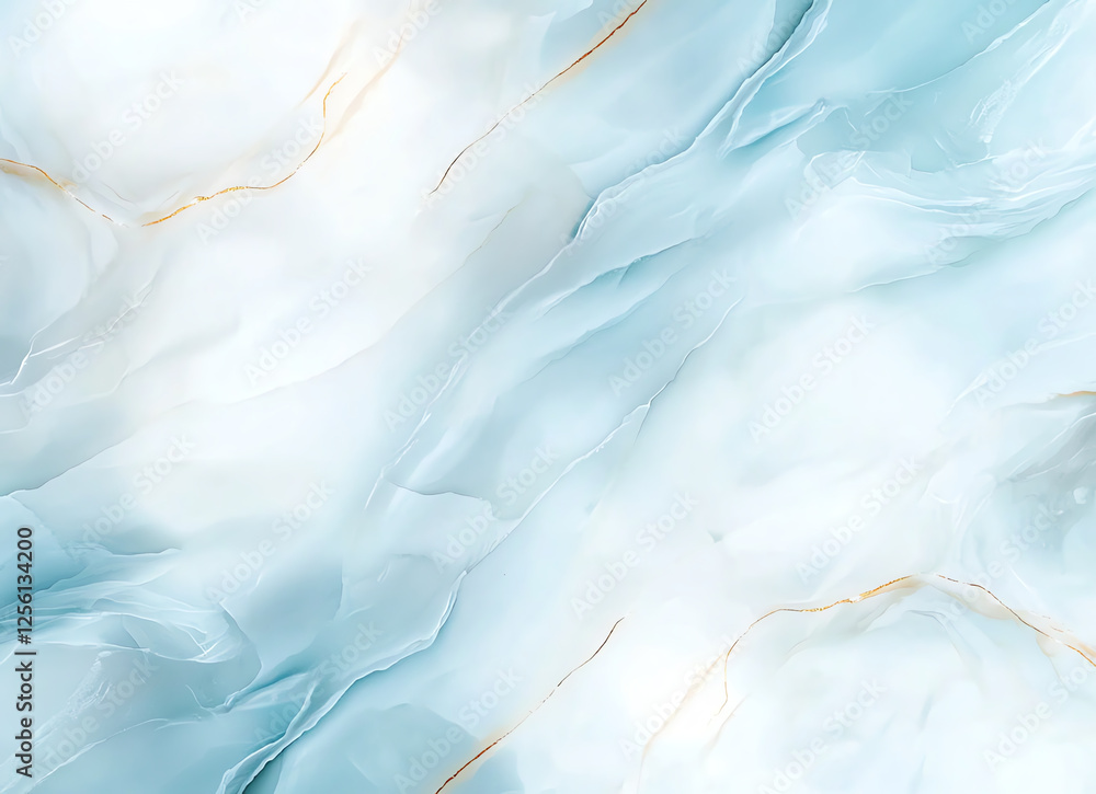Poster abstract background with blue and white marble pattern, featuring soft waves and delicate gold accen