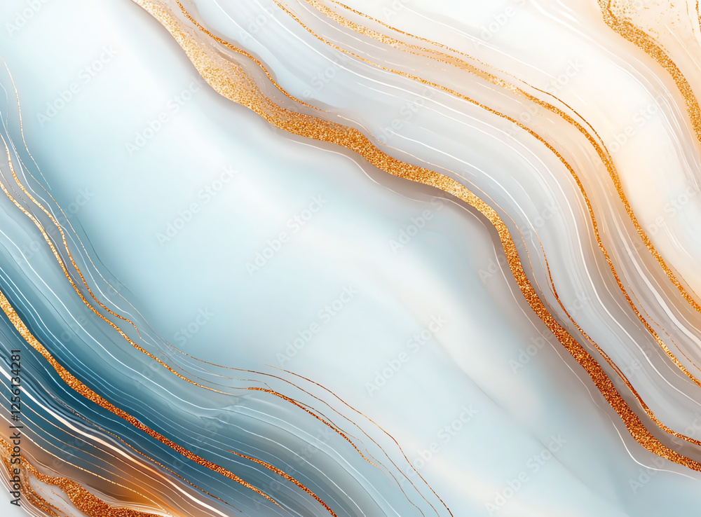 Poster abstract background with flowing lines in gold and blue tones, creating serene and elegant atmospher
