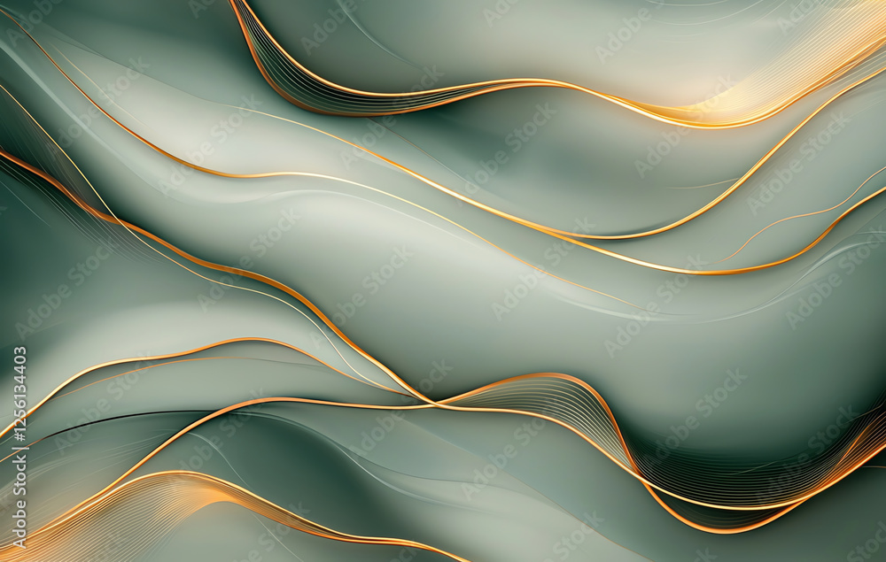 Poster abstract background with green marble texture and golden lines, creating fluid and elegant design. p