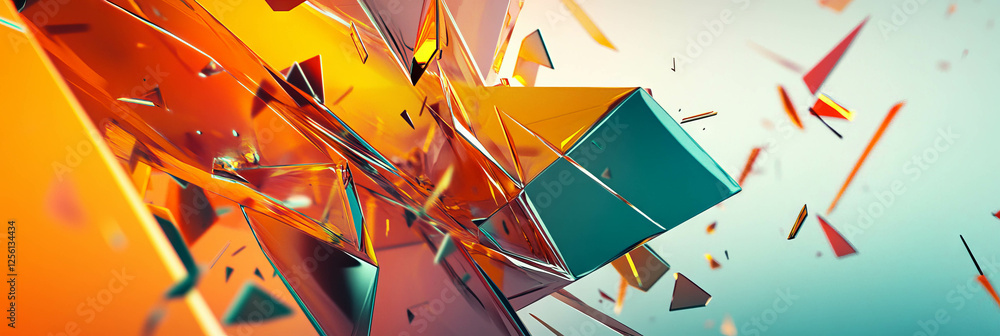 Poster fragmented geometric shapes create dynamic impact against a bright background