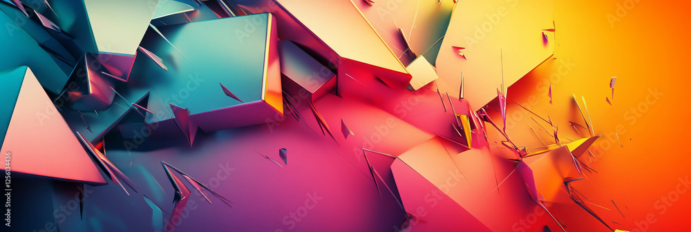 Poster fragmented geometric shapes with sharp edges creating dynamic visual energy in bright colors