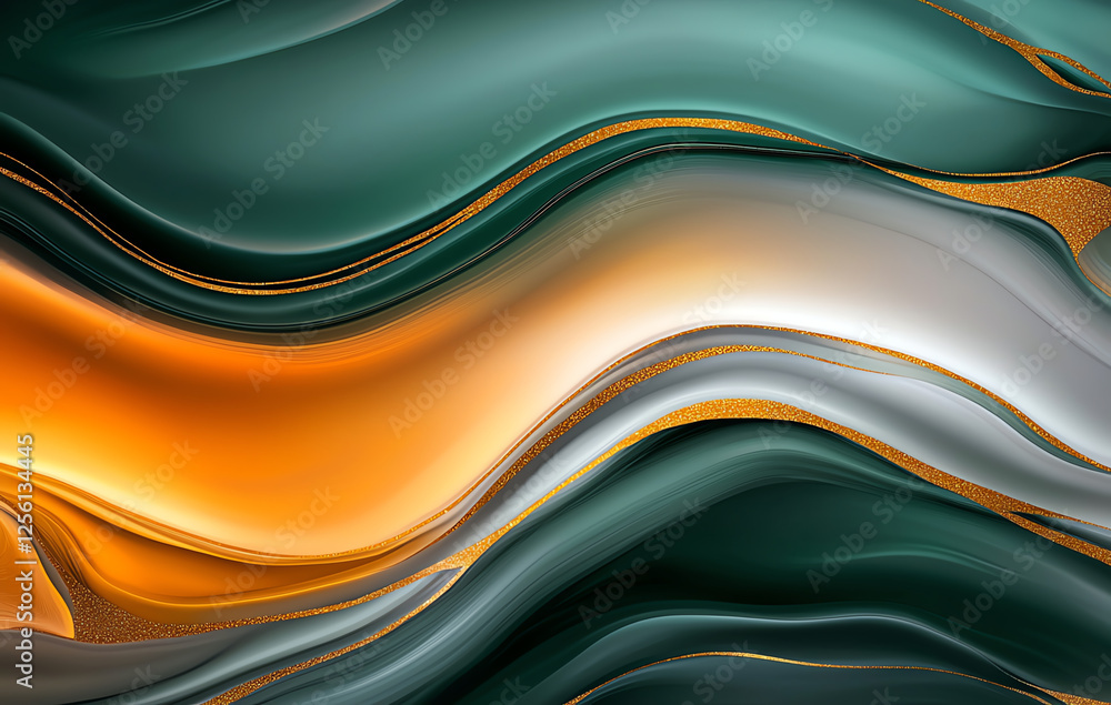 Poster abstract background with flowing green, orange, and white waves, creating dynamic and vibrant textur