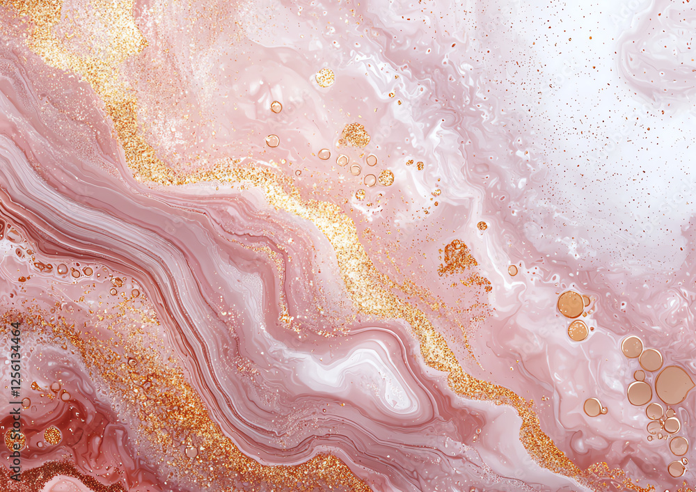 Poster abstract background with liquid marble effect featuring pink and gold tones, creating luxurious and 