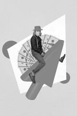 Creative photo collage 3d artwork of young businessman flying sit red arrow growth career become dollar millionaire isolated on grey color background