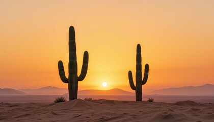 Silhouettes of cacti against a desert sunset with a glowing sun and soft sand dunes