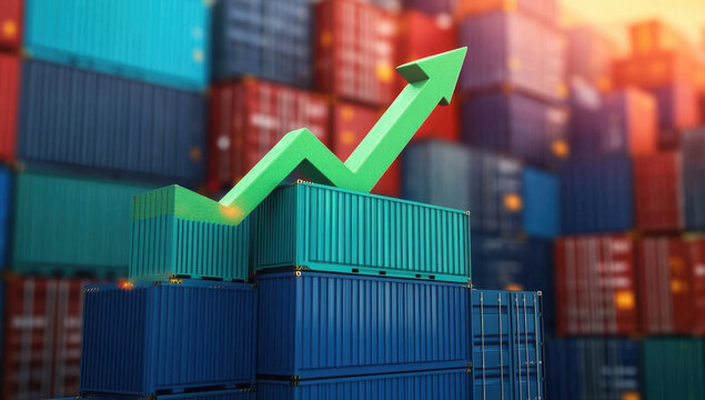 Shipping containers with an upward green arrow indicating increased transportation volumes income growth rising imports and exports and economic development