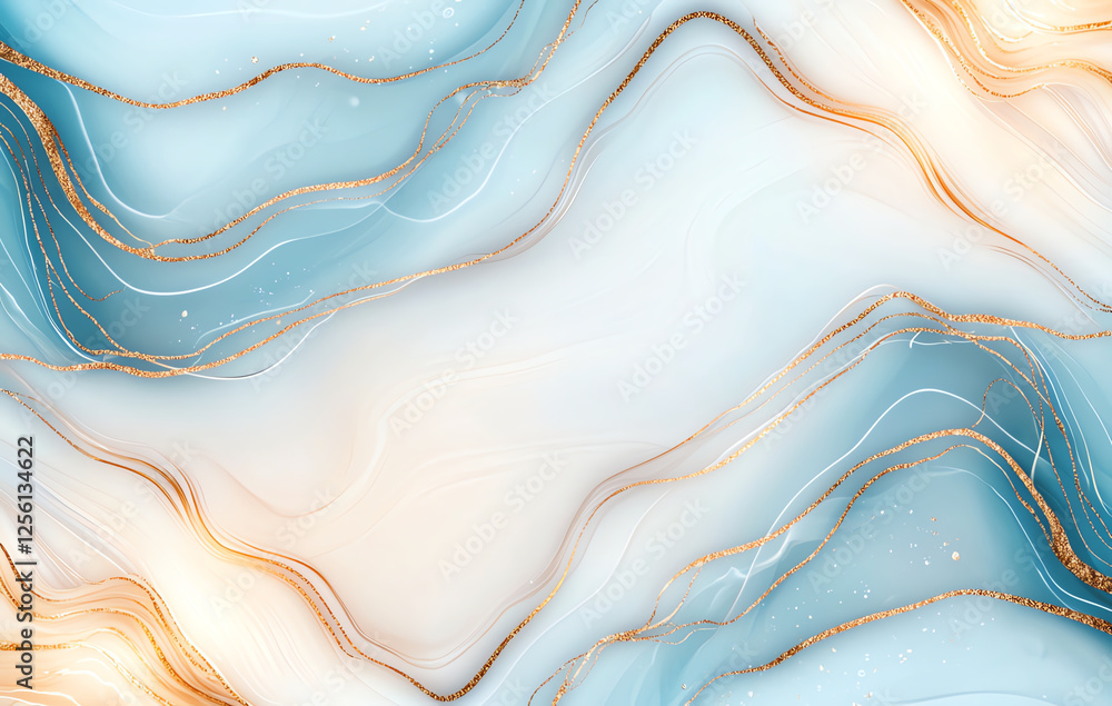 Poster abstract background with marble texture featuring blue and gold waves, creating serene and elegant a