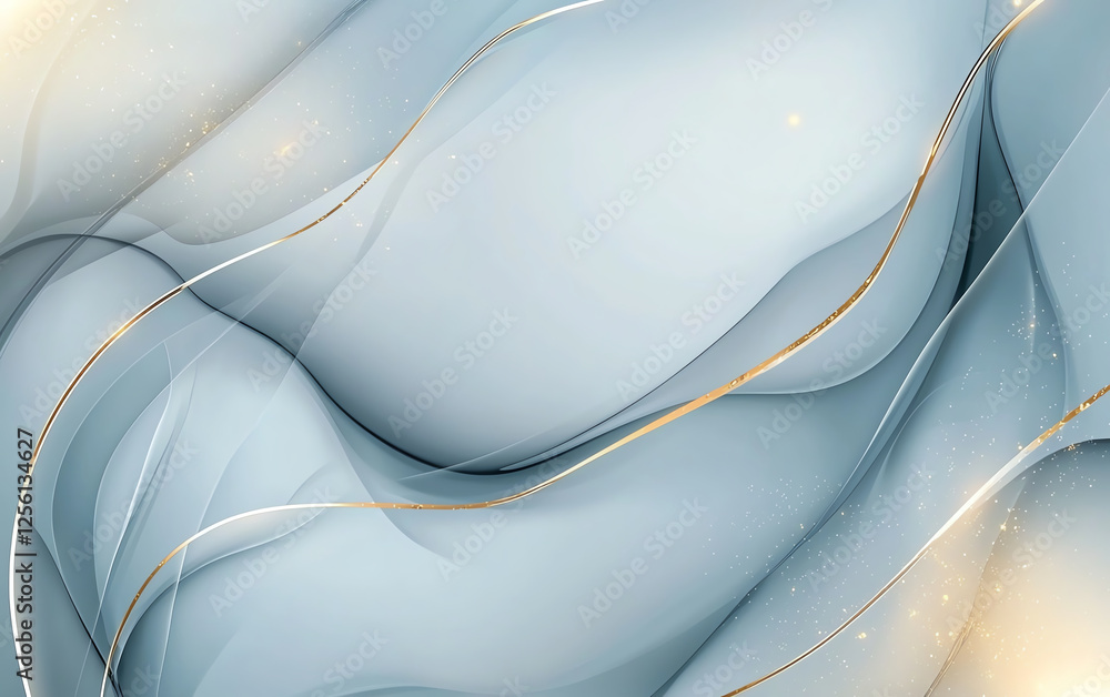 Poster abstract background with soft blue waves and golden accents, creating serene and elegant atmosphere.