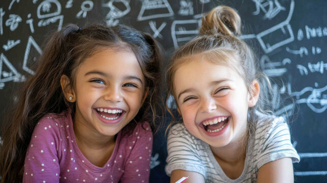 Collaborative learning: two young girls enjoy solving a math problem together in classroom setting