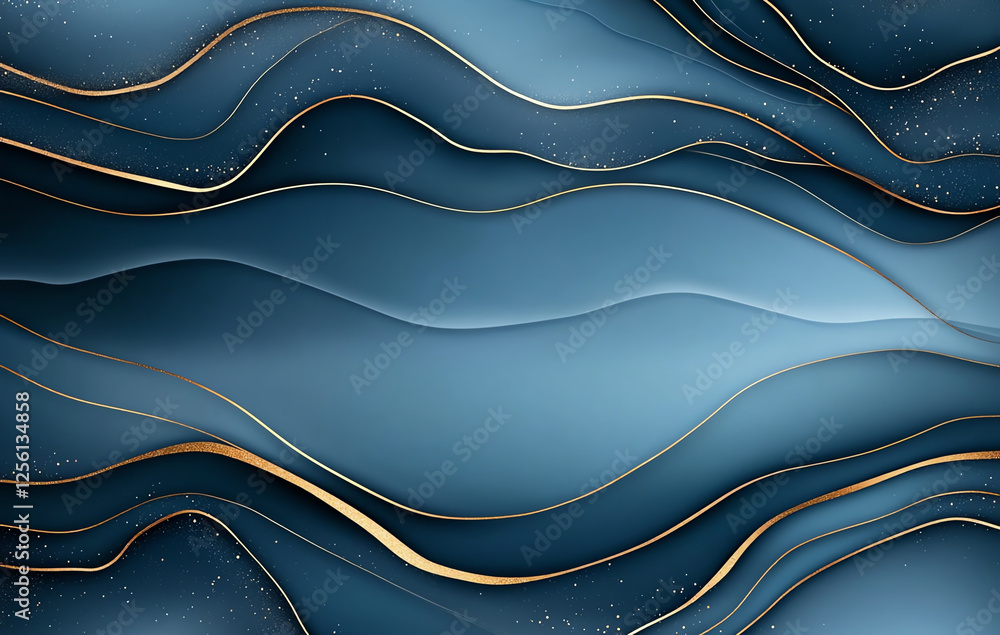 Poster abstract background with navy blue and gold waves, creating fluid and elegant design. smooth lines a