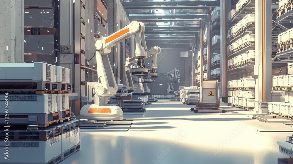 Poster futuristic warehouse with robotic arms and automated storage systems