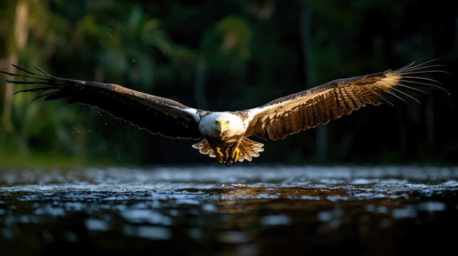 Eagle Diving Into Water Over Lush Forest