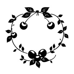 Stylized Cherry and Leaf Wreath: A Black and White Illustration. A border design shows cherries, vines, and leaves forming a circular wreath around a blank space.