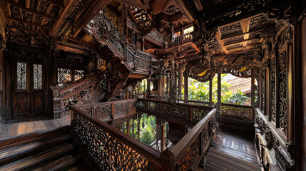 Intricately carved wooden interior of a traditional house with a grand staircase and lush greenery outside