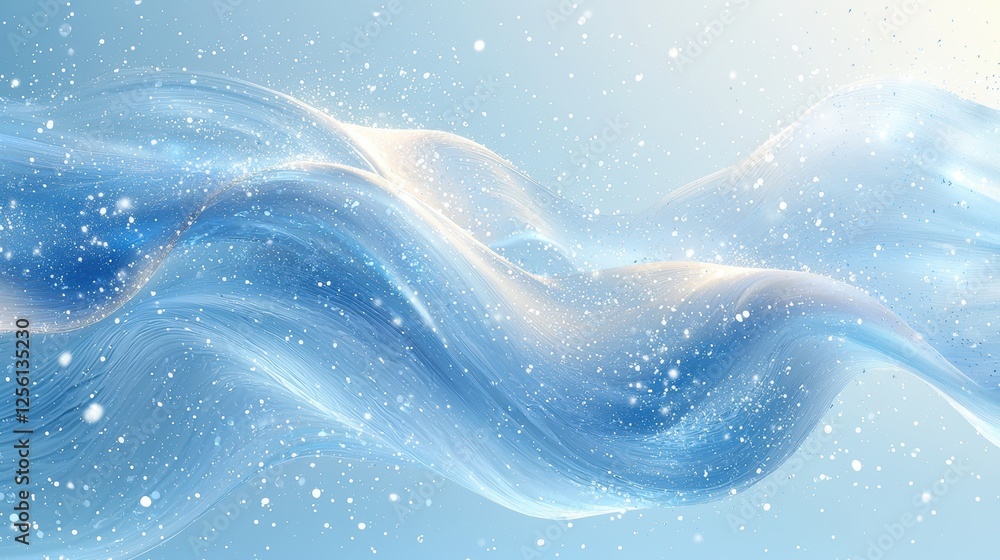Poster abstract waves of blue with sparkling elements, evoking tranquility and fluidity.