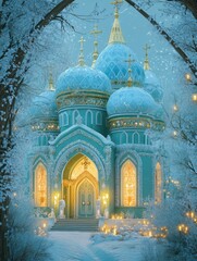 Obraz premium Beautiful winter landscape featuring a stunning turquoise church illuminated by soft lights, surrounded by snow-covered trees and glistening icicles at twilight