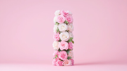 Elegant vertical arrangement of pink and white roses on soft pink background