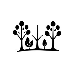 Minimalist black-and-white forest illustration of cartoon trees.