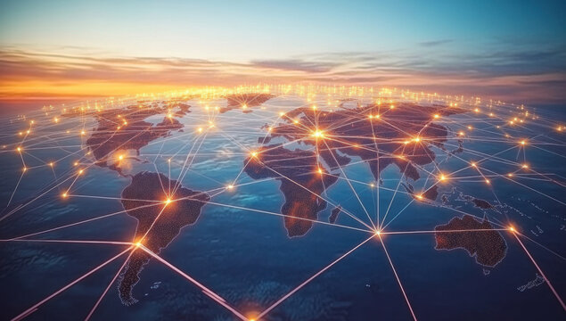 Intricate global value chains connecting manufacturers, suppliers, and distributors across borders - conceptual illustration of international trade and supply chains