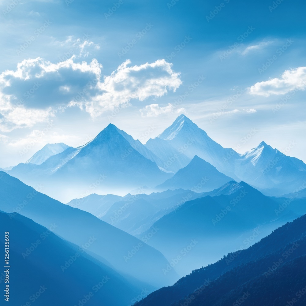 Poster majestic mountain range beneath soft clouds in a clear blue sky with space for text. generative ai