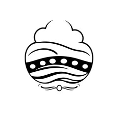 Graphic, black and white illustration of an ornate rounded shape with a cloud on top.