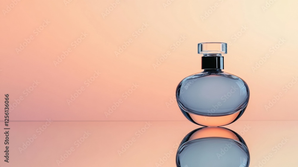 Poster sleek cosmetic bottle on a reflective surface with a gentle pastel toned background and space for ad