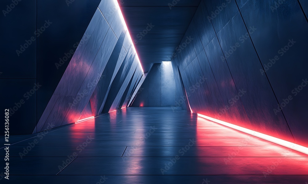 Poster abstract geometric space with red lights in a modern concrete architecture