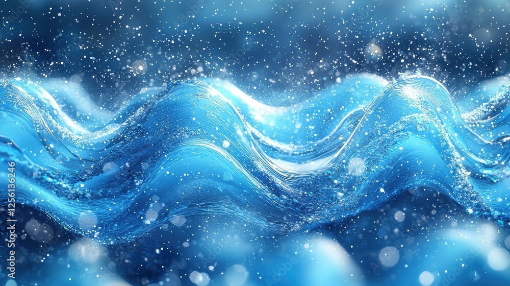 Poster abstract representation of flowing water with sparkling droplets.