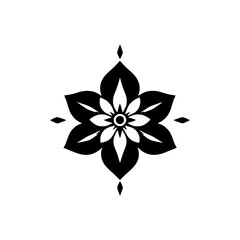 Bold black and white floral illustration of a symmetrical flower, set against a white background.
