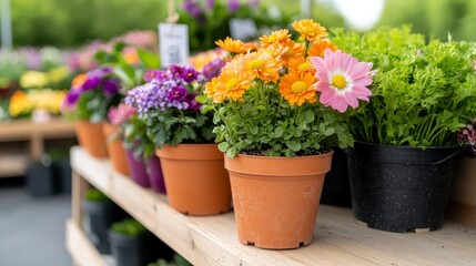 Fototapeta premium Colorful Potted Flowers On Wooden Shelves Displaying Variety Of Flowers