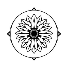 Black-and-white sunflower illustration in a circle with added compass-like elements.