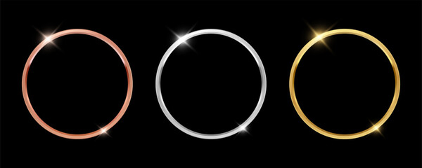 3D realistic blank bronze, silver and golden rings. First, second and third place blank rings
