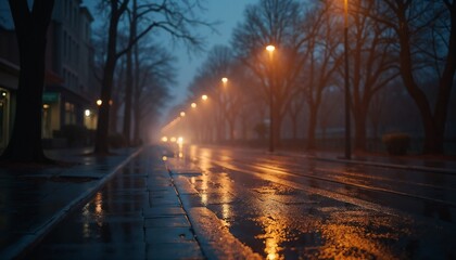 Rainy night street with reflections and fog, tranquil mood, urban landscape