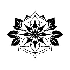 Black and White Floral Mandala Design with Foliage Accents on White.