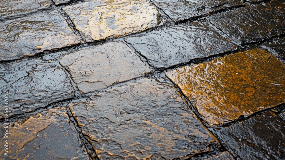 Poster wet cobblestone path with glimmering reflection and textured surface