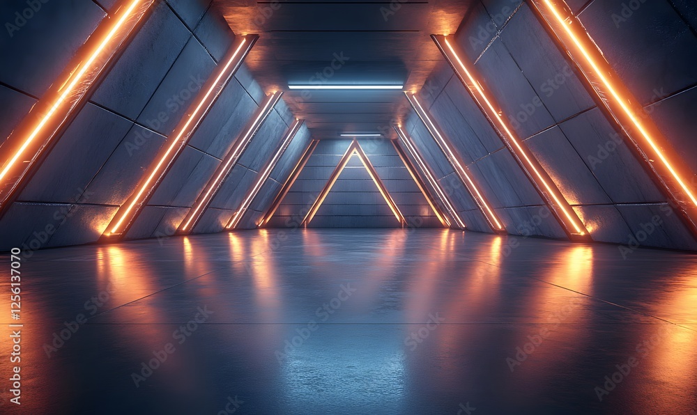 Poster futuristic illuminated corridor with geometric shapes and reflections