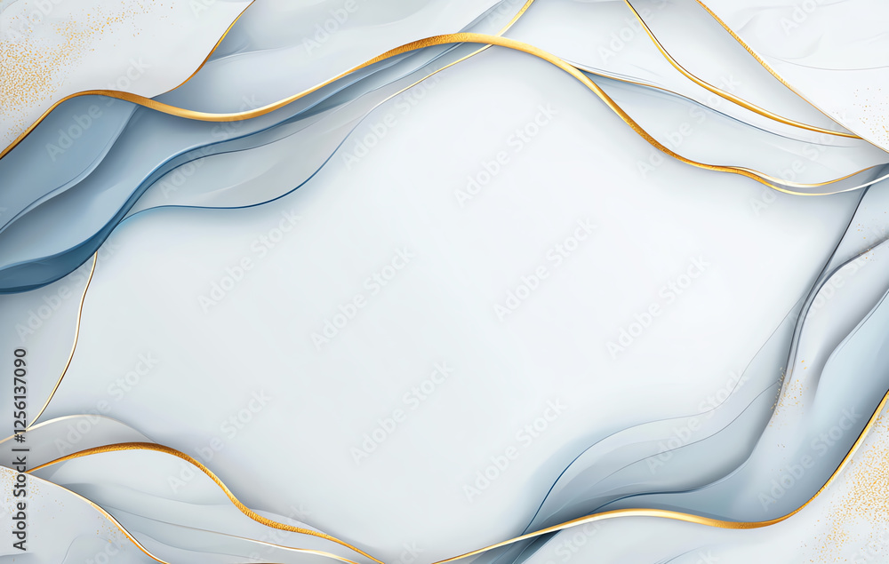 Poster abstract background with flowing blue, white, and gold waves creating serene and elegant atmosphere.