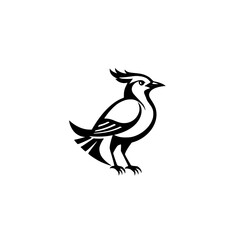 A minimalist, black-and-white illustration of a bird with a crest standing on a clean white background, depicting a clean and simple design.