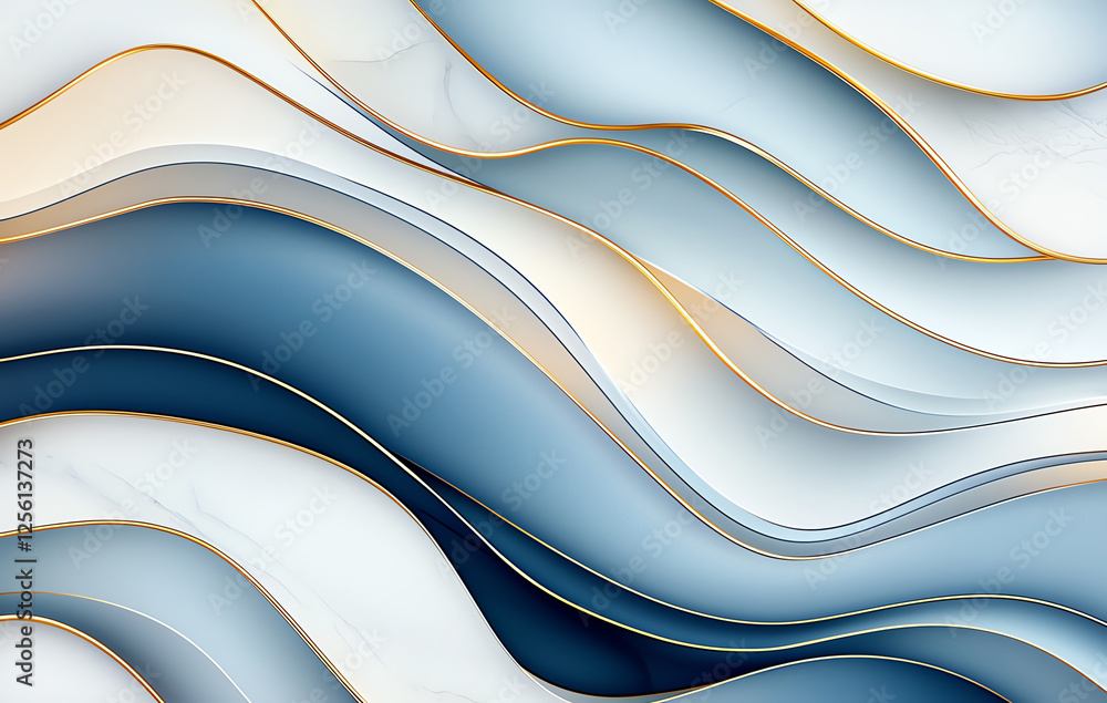 Poster abstract background with flowing blue and white waves, accented by golden lines, creating modern and