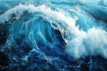 dynamic abstract waves in electric blue tones, fluid motion captured in mid-flow, creating mesmerizing patterns with depth and movement, digital art