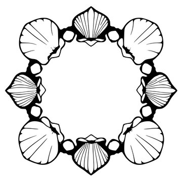 Black and white minimalist circular frame illustration featuring seashell designs with an open center.