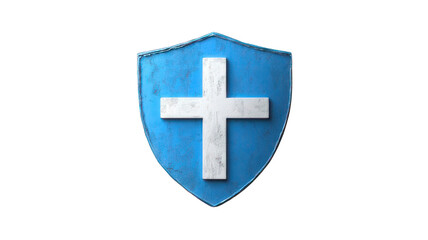 Obraz premium A blue shield with a white cross symbolizing protection and safety, set against a plain background