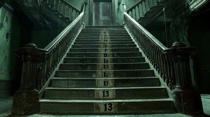 Creepy Abandoned Staircase with Numbered Steps in Dim Light