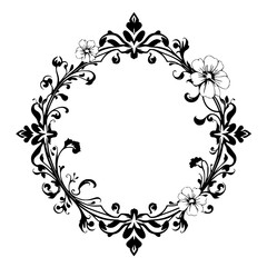 Circular Floral Pattern: A Black & White Ornate Floral Frame with Flowers and Foliage.