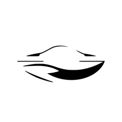 Minimalist black and white representation of a car outline logo, with abstract lines. The car is black and the background is white.