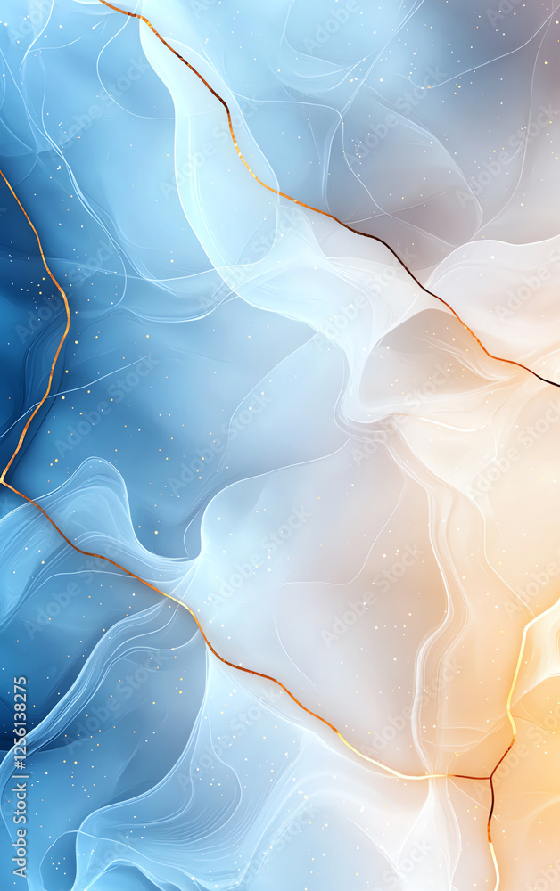 Poster abstract blue and gold marble background with flowing waves and sparkles, creating serene and elegan